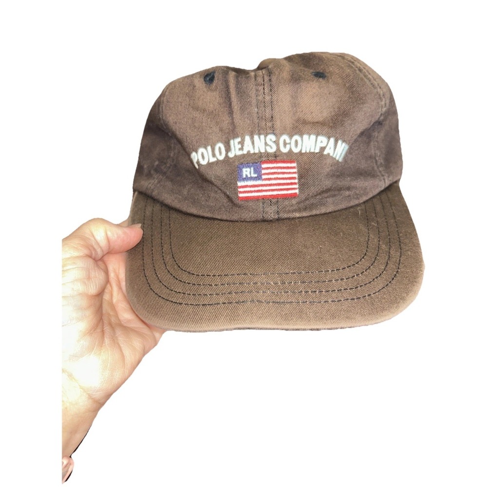 Vintage Polo Jeans Company Ralph Lauren American Flag Hat Cap Brown 90s Read